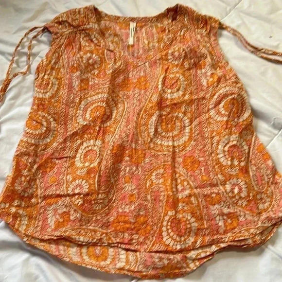 Anthropologie orange and pink sleeveless V neck blouse size small - Picture 2 of 6